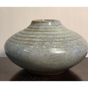 Studio Pottery Crystalline Glaze Vase Blue Speckled Tan Rings 6" Art Pottery
